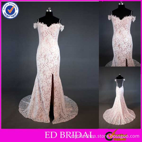 LN78 Sexy See Through Back Lace Spaghetti Straps Champagne Slim Fit Wedding Dress